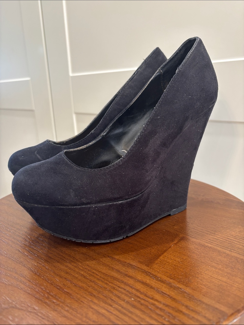 Candie’s Platform Wedge Pumps in Black Suede